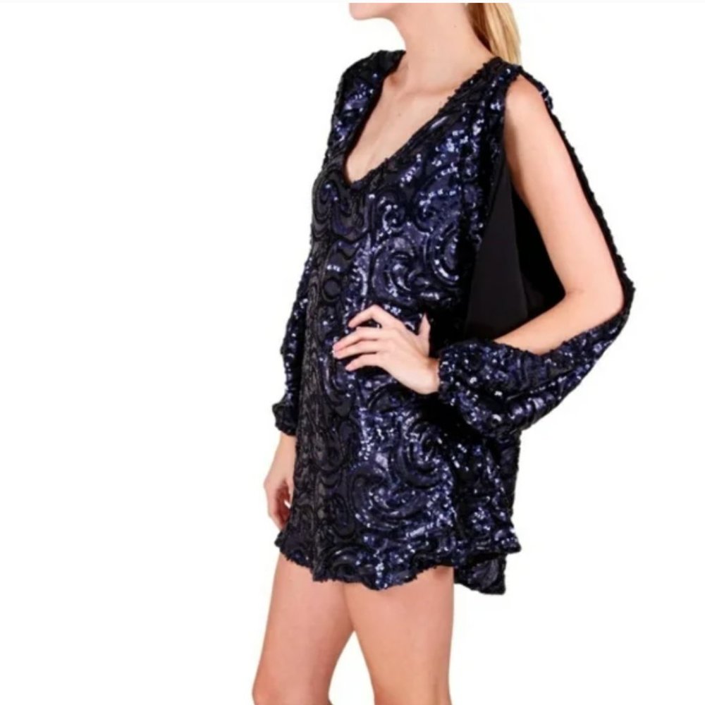 LOVERS + FRIENDS navy blue sequin cold shoulder swing dress